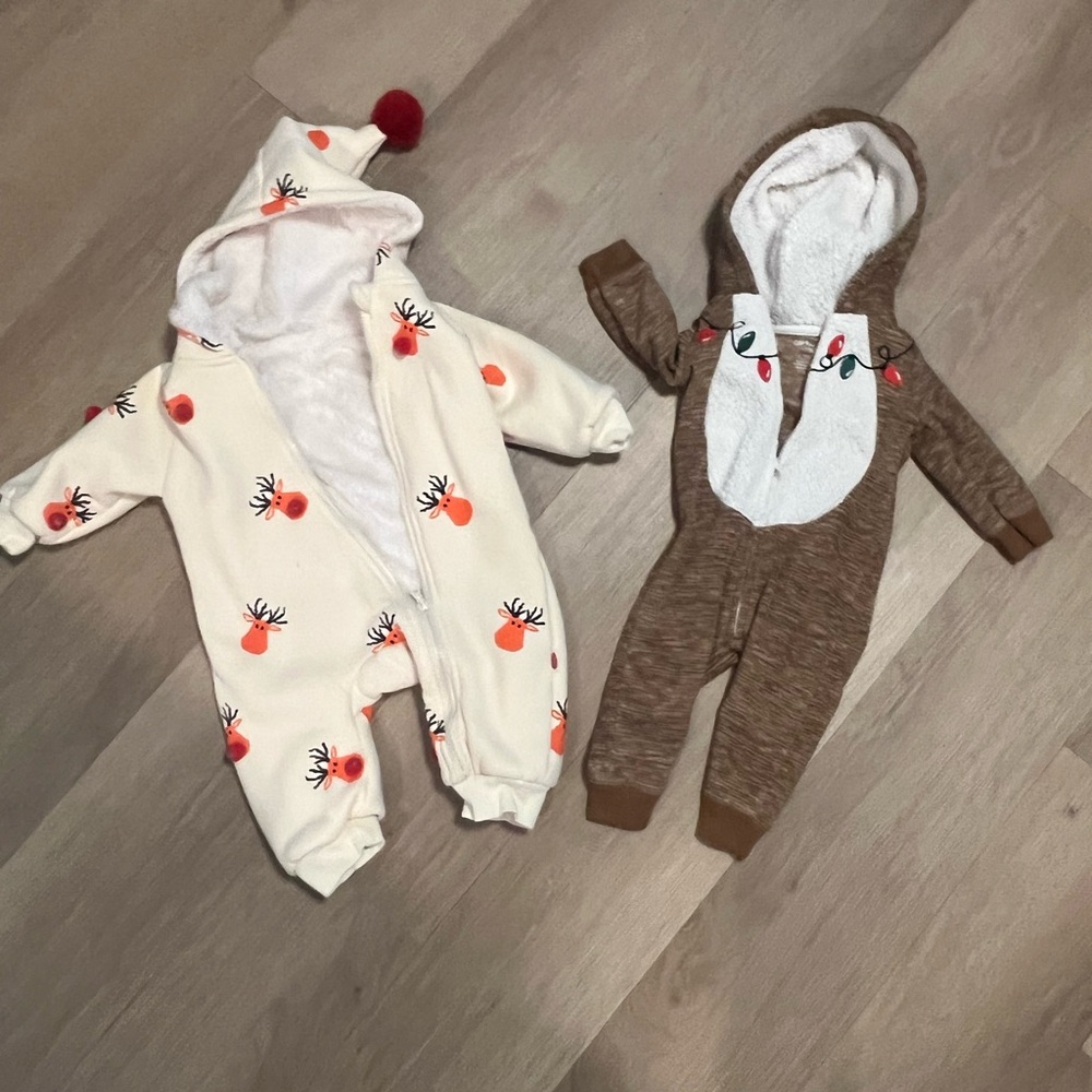 Cream Reindeer Print Hooded Baby One-Piece